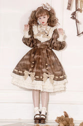 Robe Sweet Lolita à manches longues avec imprimé chat chocolat marron, volants et nœud papillon